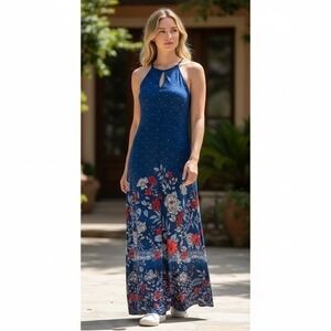 Tommy Bahama Womens Blue Floral Geometric Halter Maxi Dress Tassel Tie Small